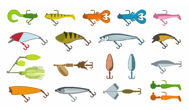 Artificial fishing bait and lure icon set for angling and outdoor sport vector design