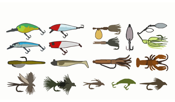Angling sport fishing lure collection with artificial bait vector illustration set
