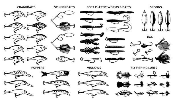 Fishing lure and artificial bait vector collection for angling sport equipment illustration