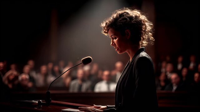 Female diversity. Human rights, equal opportunity concept. A dramatic portrayal of a woman standing behind a podium, speaking into a microphone.