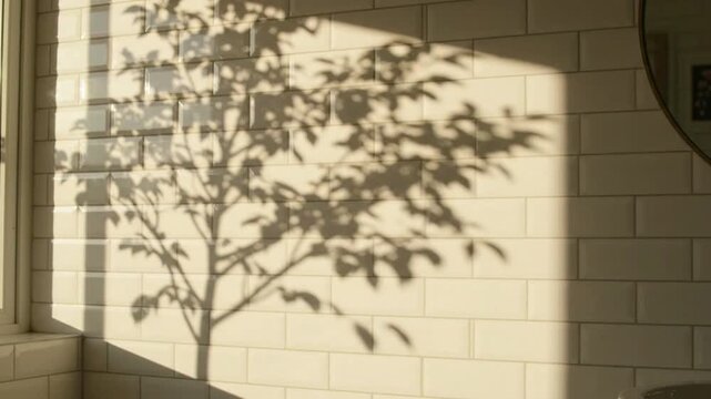 Sunlit tree shadow and shadow of leafy tree white subway tile bathroom wall with silhouette of indoor plant, ceramic window framing golden morning sunlight creating calm warm natural pattern and soft