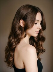 Naklejka premium Profile portrait of a young woman with long, flowing brown wavy hair looking thoughtfully downwards with bare shoulders.