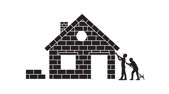 Two Workers Building Brick House Silhouette For Construction Concepts