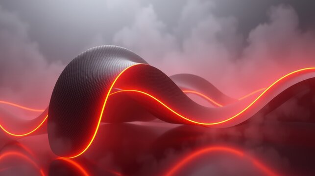 Abstract waves, carbon fiber texture, vibrant red neon light. Dramatic sky background creates futuristic feel. Smooth curves dominate composition.