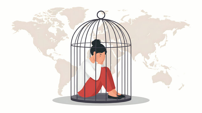 woman trapped in cage on world map background
