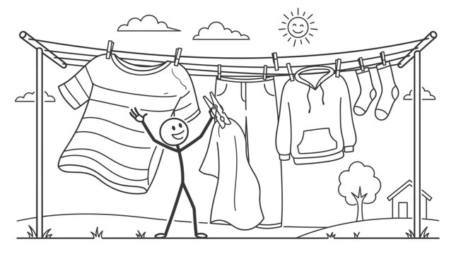 a stick figure hanging laundry outdoors.