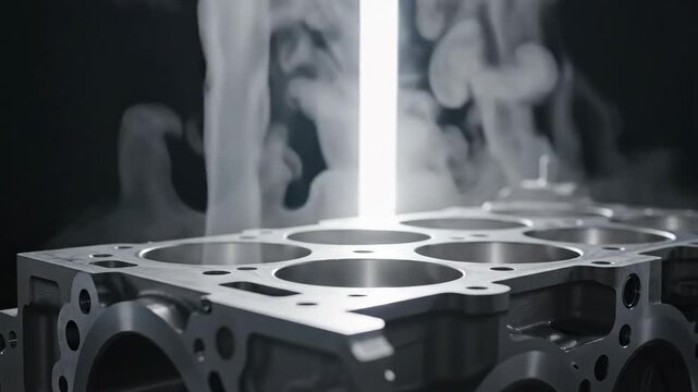 Precision Engine Block Under Bright Light With Swirling Smoke