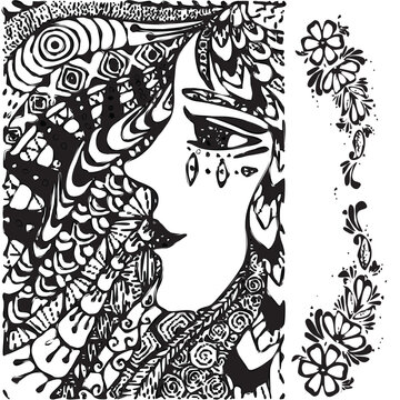 Intricate zentangle woman face portrait with floral patterns
