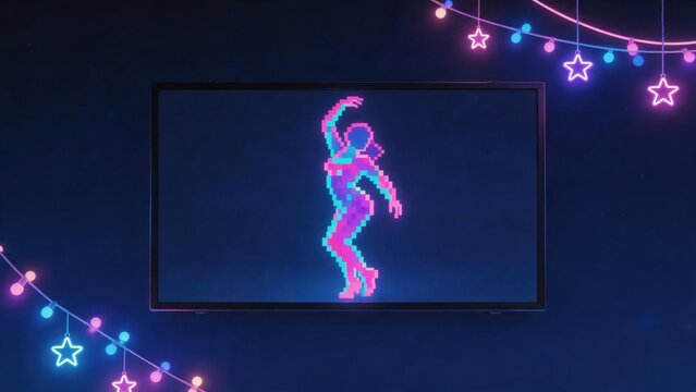 Pixel art dancer on screen with neon lights