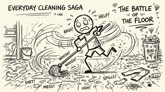 A frustrated character struggles with cleaning mess.