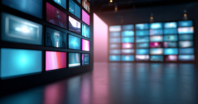 Modern digital video wall installation with multiple screens displaying colorful abstract and blurred images in a dark room with reflective floor