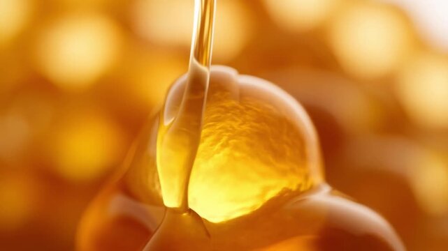 Extreme slow motion of golden honey dripping from a hexagonal beeswax cell with twisting liquid and warm backlight concept of liquid gold viscosity