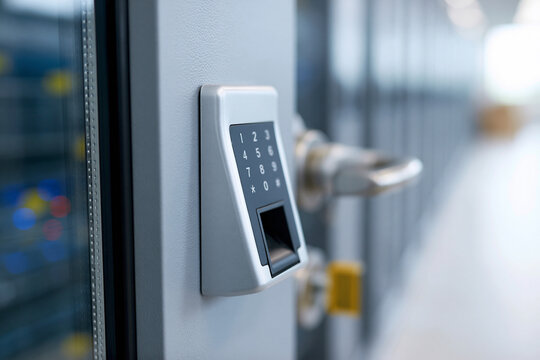 Modern keypad locks secure storage units. Metal door features digital entry with fingerprint reader. Clean, professional setting for secure access. Ideal for offices, warehouses. No people, no animals