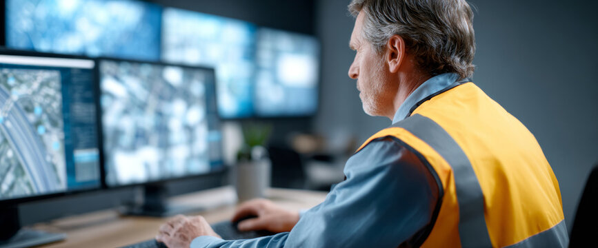 Middle-aged man in safety vest monitoring multiple security camera feeds on computer screens in a control room environment