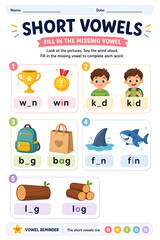 Fototapeta premium High-end short vowel kids worksheet with missing vowels w_n win k_d kid b_g bag f_n fin l_g log printable grid Worksheet