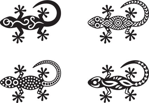 Set of four tribal lizard icons with decorative patterns