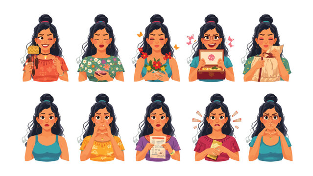 Expressive Portraits of a Woman: A vibrant collection of portrait depicting woman, capturing diverse emotional states, from contentment and delight to surprise and contemplation.