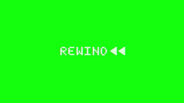Rewind animation, green background, classic VCR playback interface with analog TV noise, 4K alpha channel, and subtle retro film loop effect.