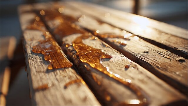 Close up of sticky syrup spilled on wooden picnic table under warm sunlight. Outdoor surface with glossy texture and shallow depth of field.