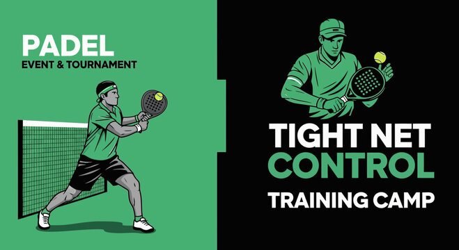 Dynamic Padel Action: Event, Tournament, And Tight Net Control Training Camp Branding