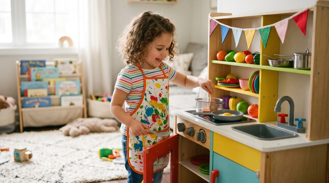 Child playing pretend cooking with toy kitchen set