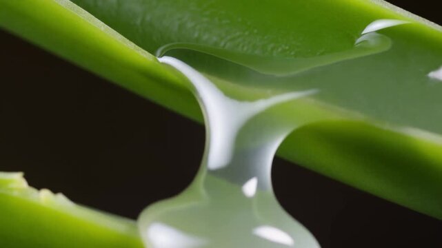 Macro slow motion of translucent aloe vera gel oozing from a cut green leaf on a dark background concept of slow healing viscosity