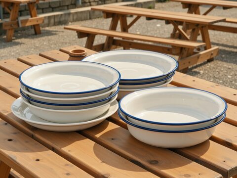 Enamelware plates and bowls for outdoor dining