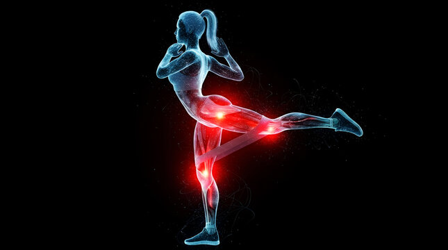 3D Female Hologram Performing Standing Glute Kickback with Resistance Band Showing Muscle Tension