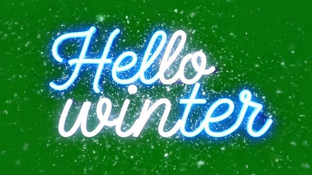 Hello Winter, Snowy Greeting, Blue White Text, Green Background 4k ai