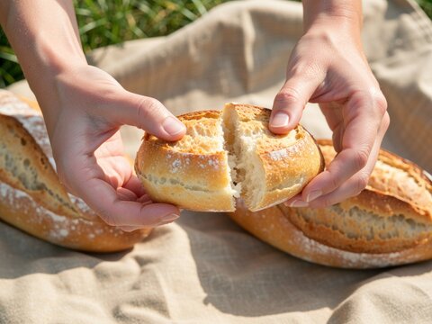 Hands breaking fresh bread roll for sharing at picnic