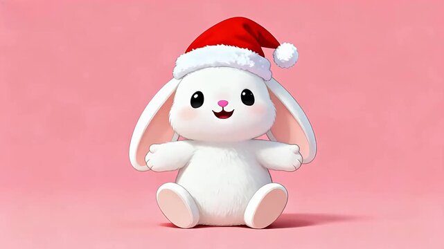 Cute white bunny wearing Santa hat