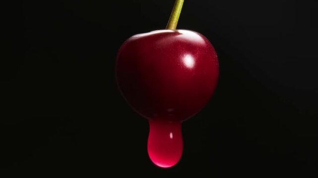Macro low key of a cherry dropping a single heavy juice droplet from its tip into darkness with dramatic side light concept of concentrated anticipation and release