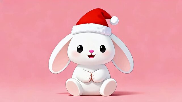 Cute white bunny wearing Santa hat