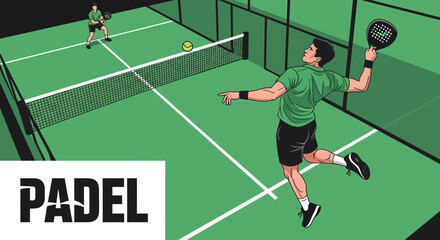 Fototapeta premium Dynamic Padel Match Illustration: Action-Packed Scene With Players And A Tennis Ball Display
