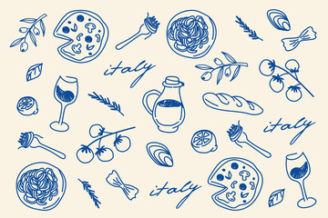 Set of hand-drawn elements of Italian cuisine: pizza, pasta plates, wine glasses, olives, tomatoes, bread, lemon, shells, jar of olive oil and rosemary sprigs. Vector illustration in doodle style.  © Margarita 