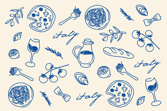 Set of hand-drawn elements of Italian cuisine: pizza, pasta plates, wine glasses, olives, tomatoes, bread, lemon, shells, jar of olive oil and rosemary sprigs. Vector illustration in doodle style. 