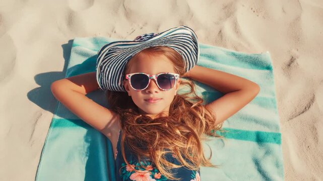 A young girl wearing a sun visor enjoys the beach.