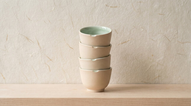 Several small ceramic tea bowls stacked neatly on a wooden display shelf