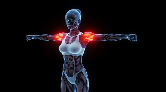 Female Anatomical Hologram Performing Lateral Raise Highlighting Shoulder Deltoid Muscles