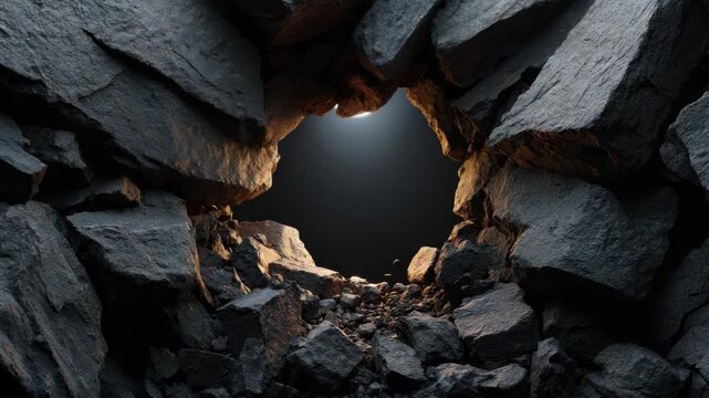 Rock Cave Entrance with Dark Stone Tunnel, Rocky Passage, Cave Opening, Rugged Cliff Arch, Shadowy Cavern and Rough Boulders with Dim Light SEO Friendly Natural View