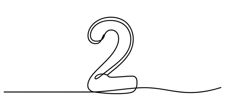 Continuous single line drawing of number two isolated on white background, Vector