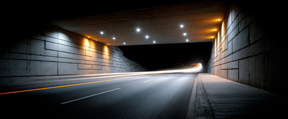 Fototapeta premium Empty urban underpass at night with illuminated concrete walls and light trails from passing vehicles on smooth asphalt road