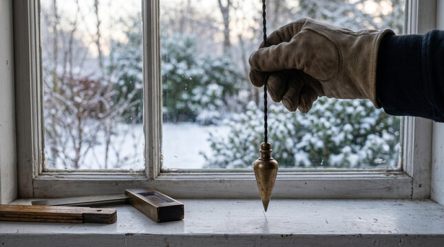 Hand wearing a leather glove holding a brass plumb bob for vertical alignment