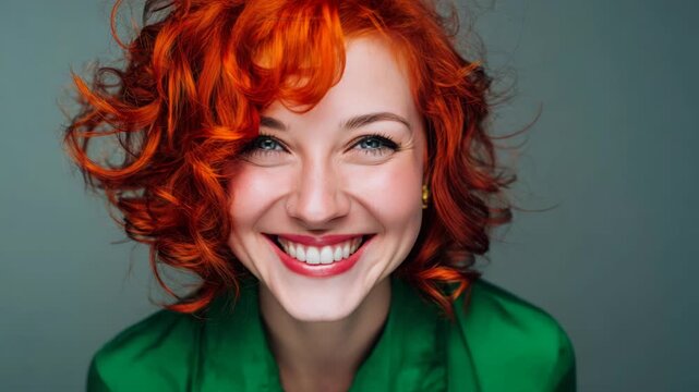 A cheerful woman with vibrant red hair and a radiant smile.