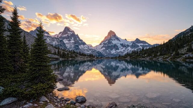 Snowcapped mountain peak reflecting in calm alpine lake at sunrise with evergreen trees on rocky shore, snowcap peak reflection creating peaceful natural landscape and golden sky