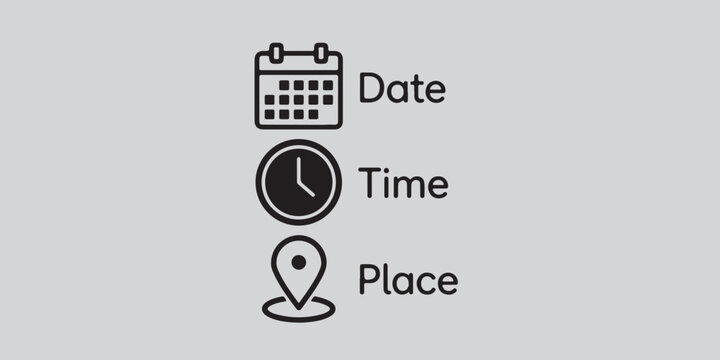Event Information Icon Set with Date Time and Location Symbols for Invitations and Planning