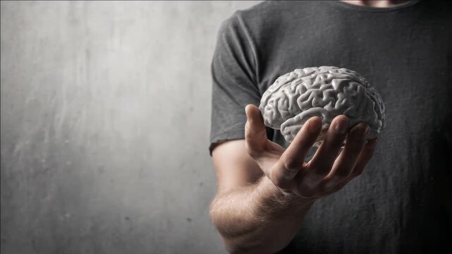 of a human brain held between two hands against a grey background.