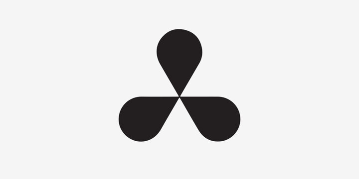Abstract Minimalist Black Three Petal Logo Symbol or Geometric Propeller Icon Isolated on White