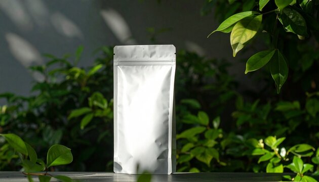 Blank silver pouch for product packaging, placed amidst lush green foliage with dappled sunlight creating a natural and inviting presentation