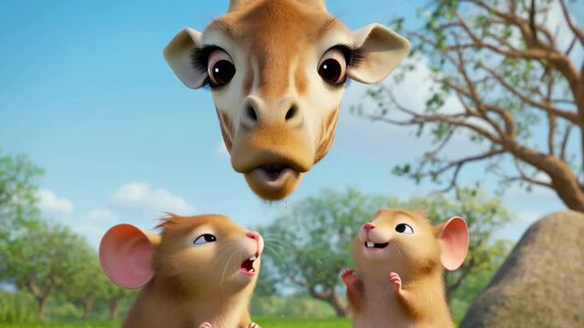 Cute Animated Giraffe Bending Down Speaking to Small Mouse on Hind Legs Then Two Mice Looking Up in Surprise as Giraffe Walks Away Across Sunny Green Meadow